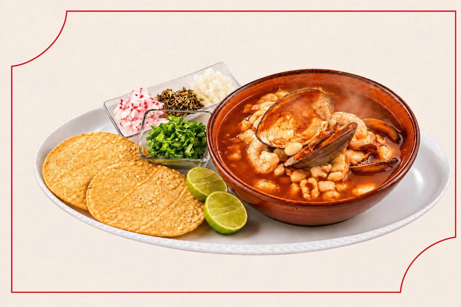 Caldo de mariscos con tostadas, limón y guarniciones